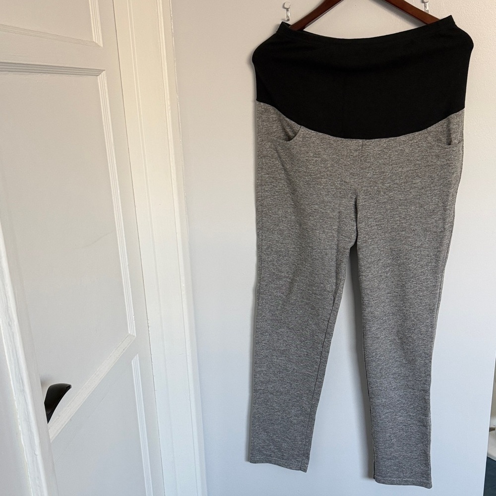 Maternity Ponte Knit Gray Leggings with Black Foldover Waistband size L